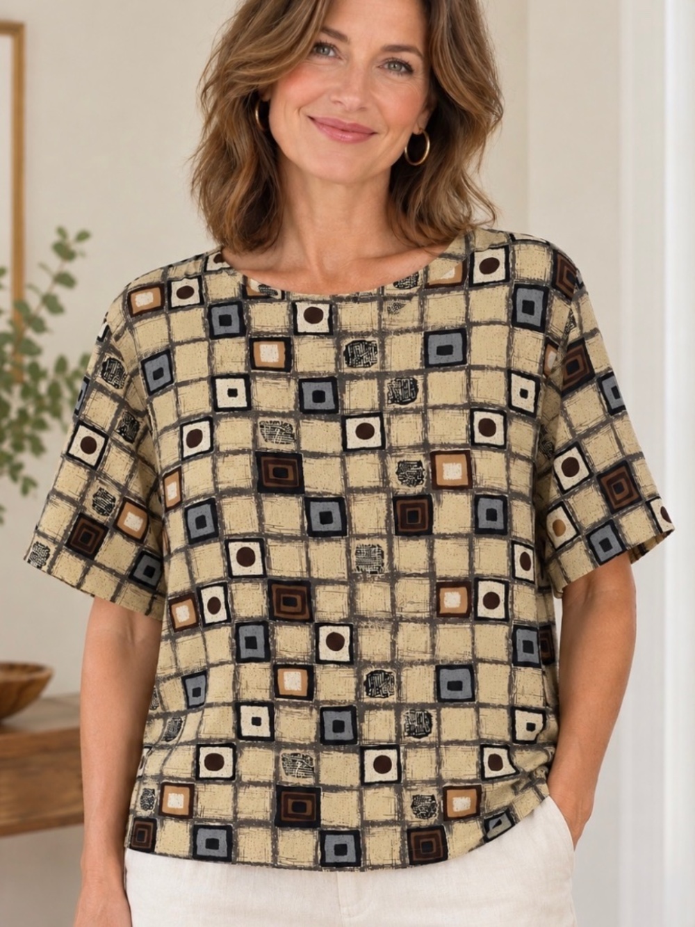 Vintage Anna & Frank 100% Silk Geometric Short Sleeve Blouse L Boho Lightweight